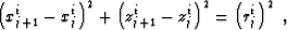 \begin{displaymath}
 \left(x_{j+1}^i-x_j^i\right)^2 + 
 \left(z_{j+1}^i-z_j^i\right)^2 = \left(r_j^i\right)^2\;,\end{displaymath}