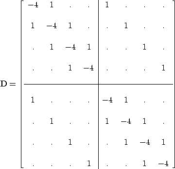 \begin{displaymath}
{\bf D} = \left[
\begin{array}
{cccc\vert cccc} 
-4 & 1 & . ...
 ... & & & \\ . & . & . & 1 & . & . & 1 & -4 \\  \end{array}\right]\end{displaymath}