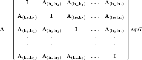 \begin{displaymath}
{\bf A}= \left[ 
 \begin{array}
{ccccc}
\bf I & \bf A_{(h_1,...
 ...h_n,h_3)} &...... & \bf I
 \end{array} \right] 
\EQNLABEL{equ7}\end{displaymath}