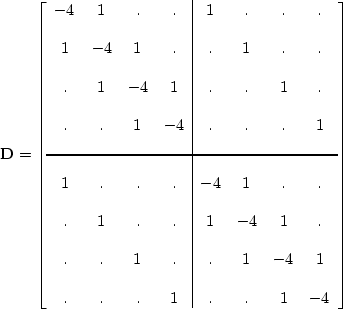 \begin{displaymath}
{\bf D} = \left[
\begin{array}
{cccc\vert cccc} 
-4 & 1 & . ...
 ... & & & \\ . & . & . & 1 & . & . & 1 & -4 \\  \end{array}\right]\end{displaymath}