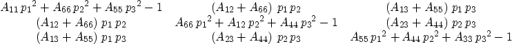 \begin{displaymath}
\matrix{ {A_{11}}\,{{{p_1}}^2} + {A_{66}}\,{{{p_2}}^2} + 
 {...
 ...}^2} + {A_{44}}\,{{{p_2}}^2} + 
 {A_{33}}\,{{{p_3}}^2} -1 \cr }\end{displaymath}