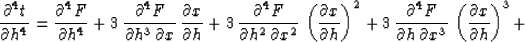 \begin{displaymath}
{{\partial^4 t} \over {\partial h^4}} = 
{{\partial^4 F} \ov...
 ...
\left({{\partial x} \over {\partial h}}\right)^3 + 
\nonumber \end{displaymath}