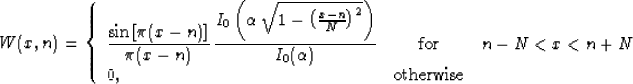 \begin{displaymath}
W (x, n) = \left\{\begin{array}
{lcr} \displaystyle
\frac{...
...n - N < x < n + N \ 0, & \mbox{otherwise} &\end{array}\right.\end{displaymath}