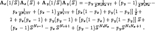 \begin{eqnarray}
\nonumber 
& \bold{A}_x (1/Z) \bold{A}_x (Z) + \bold{A}_y (1/Z)...
 ...p_x Z^{N_t + 1} + (p_y - 1) Z^{N_t N_x}
- p_y Z^{N_t N_x + 1}\;. &\end{eqnarray}