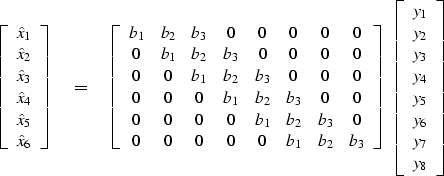 \begin{displaymath}
\left[ 
\begin{array}
{c}
\hat x_1 \\  
\hat x_2 \\  
\hat x...
 ...y_4 \\  
 y_5 \\  
 y_6 \\  
 y_7 \\  
 y_8 \end{array} \right]\end{displaymath}