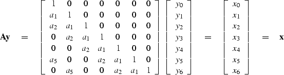 \begin{displaymath}
\bold A \bold y
\eq
\left[ 
\begin{array}
{ccccccc}
 1 & 0 &...
 ...\\  
 x_4 \\  
 x_5 \\  
 x_6
 \end{array} \right] 
\eq
\bold x\end{displaymath}