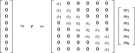 \begin{displaymath}
\left[ 
\begin{array}
{c}
 0 \\  
 0 \\  
 0 \\  
 0 \\  
 0...
 ..._2 \\  
 m_3 \\  
 m_4 \\  
 m_5 \\  
 m_6
 \end{array} \right]\end{displaymath}