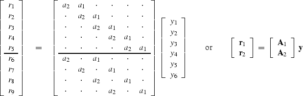 \begin{displaymath}
\left[ 
\begin{array}
{c}
 r_1 \\  
 r_2 \\  
 r_3 \\  
 r_4...
 ...rray}
{c}
 \bold A_1 \\  \bold A_2\end{array}\right]
\;
\bold y\end{displaymath}