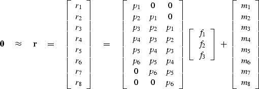 \begin{displaymath}
\bold 0 \quad\approx\quad
\bold r \eq
\left[
\begin{array}
{...
 ..._3 \\  m_4 \\  m_5 \\  m_6 \\  m_7 \\  m_8
 \end{array} \right]\end{displaymath}