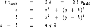 \begin{eqnarray}
t\,v_{\rm rock} \ \ \ \ &=&\ \ \ \ 2\ d\ \eq \ 2\ t\ v_{\rm hal...
 ... z^2 \ \ +\ \ (y\ -\ h)^2
\\ a\ \ -\ \ b\ \ \ \ &=&\ \ \ \ 4\ y\ h\end{eqnarray}
