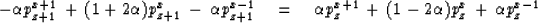 \begin{displaymath}
- \alpha p_{{z+1}}^{{x+1}} \,+\,
( 1+2 \alpha ) p_{{z+1}}^x ...
 ...p_z^{{x+1}} \,+\,
(1-2 \alpha ) p_z^x \,+\,
 \alpha p_z^{{x-1}}\end{displaymath}
