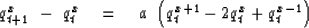 \begin{displaymath}
q_{{t+1}}^x \ -\ q_t^x \eq a\ \left( q_t^{{x+1}} - 2
q_t^x + q_t^{{x-1}} \right)\end{displaymath}