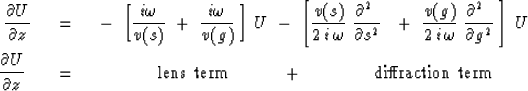\begin{eqnarray}
{ \partial U \over \partial z } \ \ &=&\ \ - \ \left[
{ i \omeg...
 ...uad \quad \quad + 
\quad \quad \quad \quad \hbox{diffraction term}\end{eqnarray}