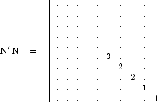 \begin{displaymath}
{\bf N'\,N} \eq
 \left[ 
 \begin{array}
{cccccccccc}
 .&.&.&...
 ...&.&.&.&.&.&.&.&1&. \  .&.&.&.&.&.&.&.&.&1
 \end{array} \right]\end{displaymath}