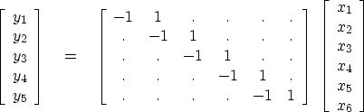 \begin{displaymath}
\left[ \begin{array}
{c}
 y_1 \  y_2 \  y_3 \  y_4 \  y_...
 ..._1 \  x_2 \  x_3 \  x_4 \  x_5 \  x_6
 \end{array} \right]\end{displaymath}