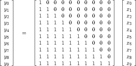 \begin{displaymath}
\left[
 \begin{array}
{c}
 y_0 \  y_1 \  y_2 \  y_3 \  y...
 ...\  x_5 \  x_6 \  x_7 \  x_8 \  x_9 \  \end{array} \right]\end{displaymath}