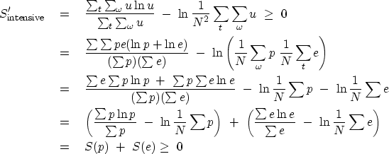 \begin{eqnarray}
S'_{\rm intensive}\ 
&=&\ {\sum_t \sum_\omega u \ln u
 \over \s...
 ...\ -\ \ln {1\over N} \sum e \right) 
 \ &=&\ S(p)\ +\ S(e) \geq\ 0\end{eqnarray}