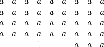 \begin{displaymath}
\begin{array}
{ccccccccc}
 a &a &a &a &a &a &a &a &a \  a &...
 ...a \  \cdot &\cdot &\cdot &1 &\cdot &\cdot &a &a &a \end{array}\end{displaymath}