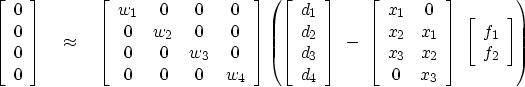 \begin{displaymath}
\left[ 
 \begin{array}
{c}
 0 \  0 \  0 \  0
 \end{array}...
 ...
 \begin{array}
{c}
 f_1 \  f_2
 \end{array} \right] 
 \right)\end{displaymath}