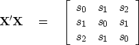 \begin{displaymath}
\bold X' \bold X \eq
\left[ 
\begin{array}
{ccc}
 s_0 & s_1 ...
 ...2 \  s_1 & s_0 & s_1 \  s_2 & s_1 & s_0 
 \end{array} \right]\end{displaymath}