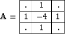 \begin{displaymath}
{\bf A}=
\begin{array}
{\vert c\vert c\vert c\vert}
\hline
....
.... \ \hline
1 & -4 & 1 \ \hline
. & 1 & . \ \hline\end{array}\end{displaymath}