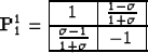 \begin{displaymath}
 \bold{P}_1^1 =
 \begin{array}
{\vert c\vert c\vert}
 \hline...
 ... \hline
 \frac{\sigma-1}{1+\sigma} & -1 \  \hline
 \end{array}\end{displaymath}