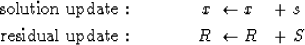 \begin{eqnarray}
{\rm solution\ update:} \quad\quad\quad & x \ \leftarrow x& +\ s\\
{\rm residual\ update:} \quad\quad\quad & R \ \leftarrow R& +\ S\end{eqnarray}