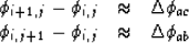 \begin{displaymath}
\begin{array}
{rcl}
\phi_{i+1,j} -\phi_{i,j} &\approx& \Del...
...\phi_{i,j+1} -\phi_{i,j} &\approx& \Delta\phi_{ab}
\end{array}\end{displaymath}