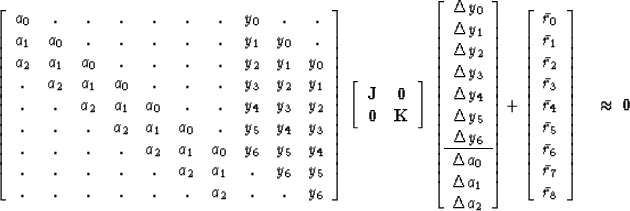 \begin{displaymath}
\left[ 
\begin{array}
{cccccccccc}
 a_0& . & . & . & . & . &...
 ...r r_7 \\ \bar r_8
 \end{array} \right] 
\quad \approx \ \bold 0\end{displaymath}