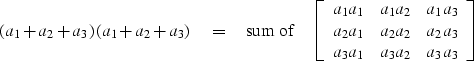 \begin{displaymath}
(a_1+a_2+a_3)\,
(a_1+a_2+a_3)
\eq
{\rm sum \; of} \quad
\lef...
 ... & a_2 a_3 \\  a_3 a_1 & a_3 a_2 & a_3 a_3
 \end{array}\right] \end{displaymath}